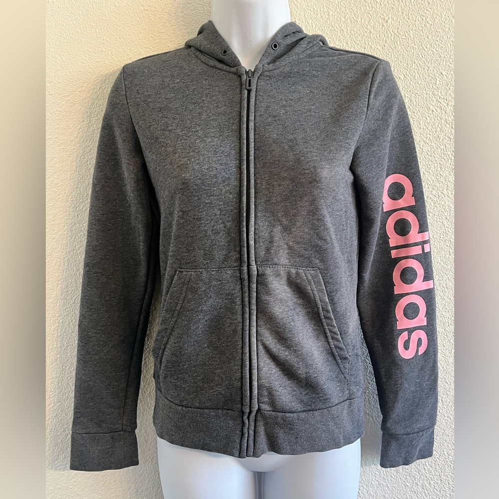 3/$30 Adidas Charcoal Hoodie with Pink Sleeve Logo